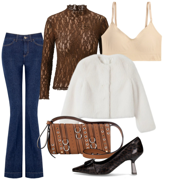 Outfit donna - Rinascimento - Black Friday 2025. Stile Casual chic per Serata fuori. Abbinamento con ecopellicce, borse a spalla, jeans a zampa, bluse, reggiseni, décolleté.