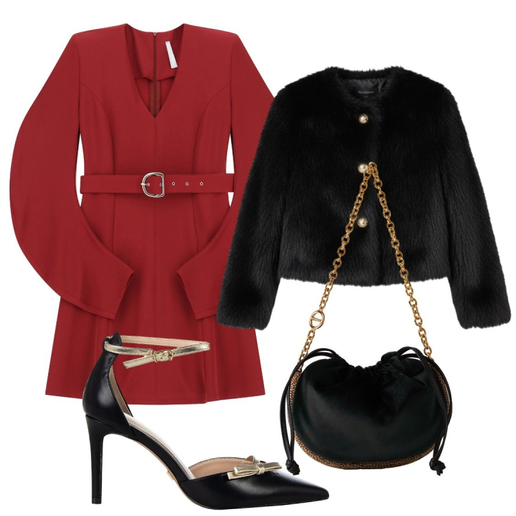 Outfit donna - Black friday chic. Stile Chic per Serata fuori. Abbinamento con décolleté, ecopellicce, vestiti corti, borse a spalla.