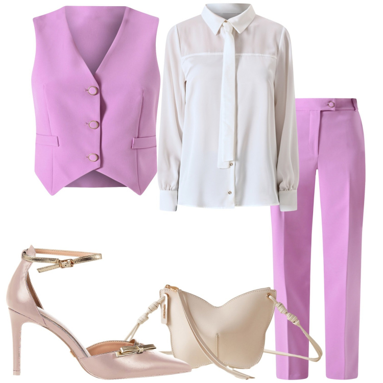 Outfit donna - Completo rosa. Stile Casual chic per Tutti i giorni. Abbinamento con décolleté, gilet, camicie, pantaloni skinny, borse a tracolla.