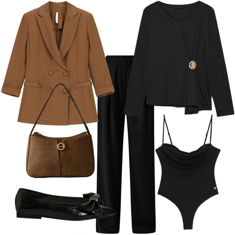 Outfit donna - City Evening chic. Stile Minimal per Serata fuori. Abbinamento con body, pantaloni, ballerine, blazer, borse a mano, t-shirt.