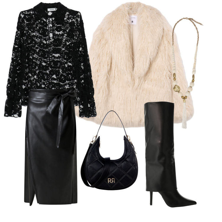 Outfit donna - Cena a due. Stile Chic per Serata fuori. Abbinamento con camicie, ecopellicce, gonne longuette, borse a tracolla, stivali, ciondoli.