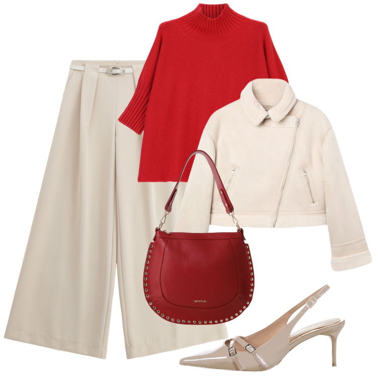 Outfit donna - Ufficio sotto le feste. Stile Glamour per Ufficio. Abbinamento con décolleté, giacche, pantaloni a palazzo, borse a spalla, maglieria.