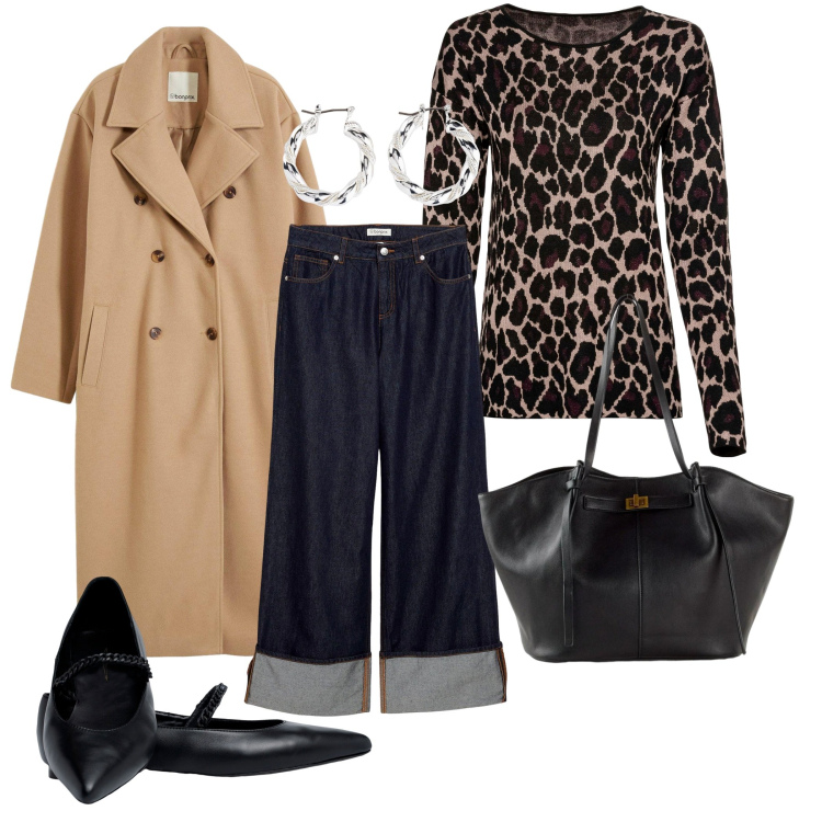 Outfit donna - Comodità contemporanea at work. Stile Trendy per Ufficio. Abbinamento con maglieria, jeans, cappotti, orecchini, shopping bag, ballerine.