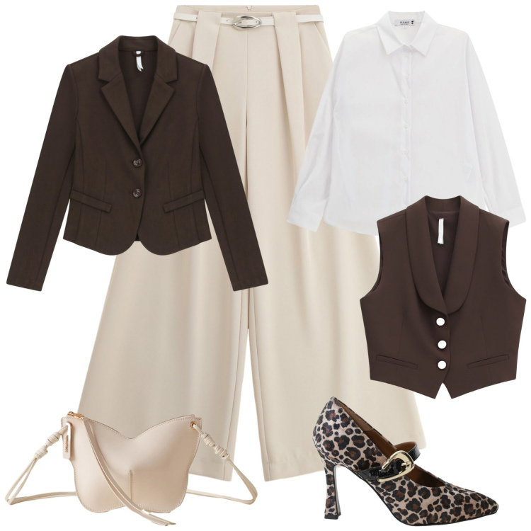 Outfit donna - Eleganza a novembre. Stile Glamour per Cerimonia. Abbinamento con camicie, gilet, pantaloni a palazzo, décolleté, blazer, borse a tracolla.