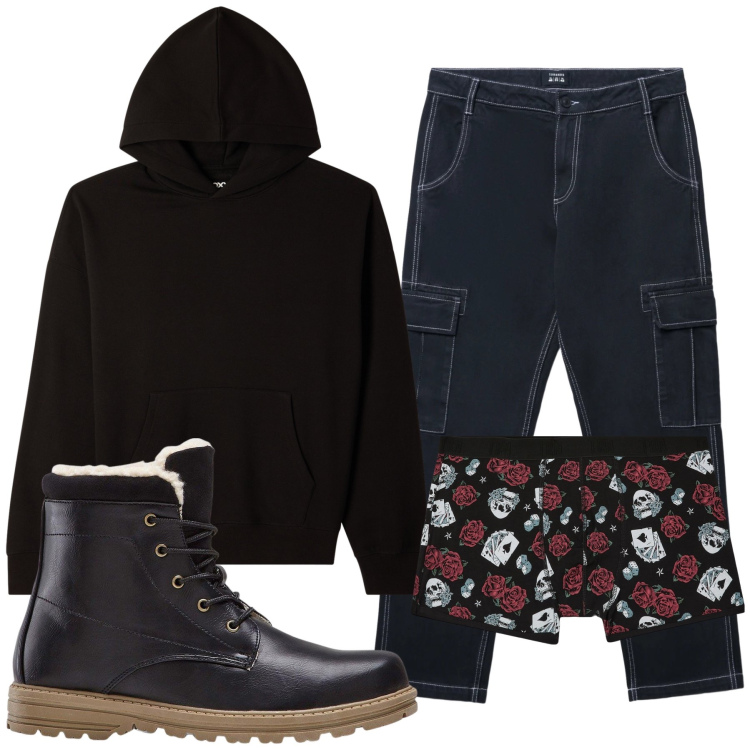 Outfit uomo - Teschi e carte. Stile Urban per Tutti i giorni. Abbinamento con stivali e stivaletti, boxer, pantaloni cargo, felpe con cappuccio.
