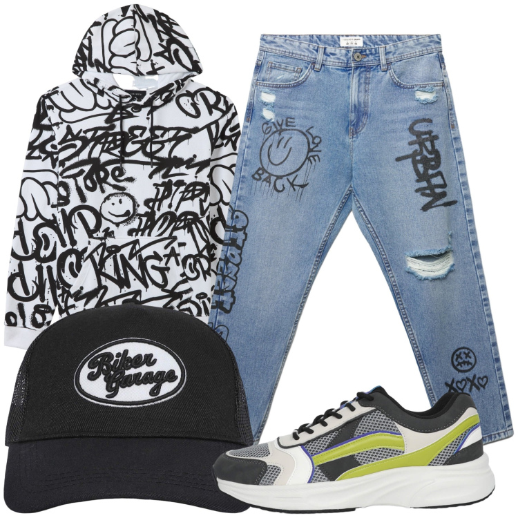 Outfit uomo - Street. Stile Urban per Tutti i giorni. Abbinamento con felpe con cappuccio, cappelli, sneakers, jeans strappati.
