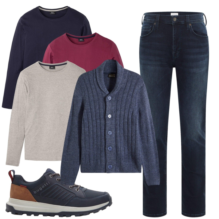 Outfit uomo - Total look #2293682. Stile Casual per Tutti i giorni. Abbinamento con maglieria, jeans slim fit, sneakers, cardigans.