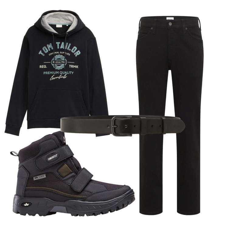 Outfit uomo - Total look #2293683. Stile Urban per Tutti i giorni. Abbinamento con stivali e stivaletti, jeans dritti, felpe con cappuccio, cinture.