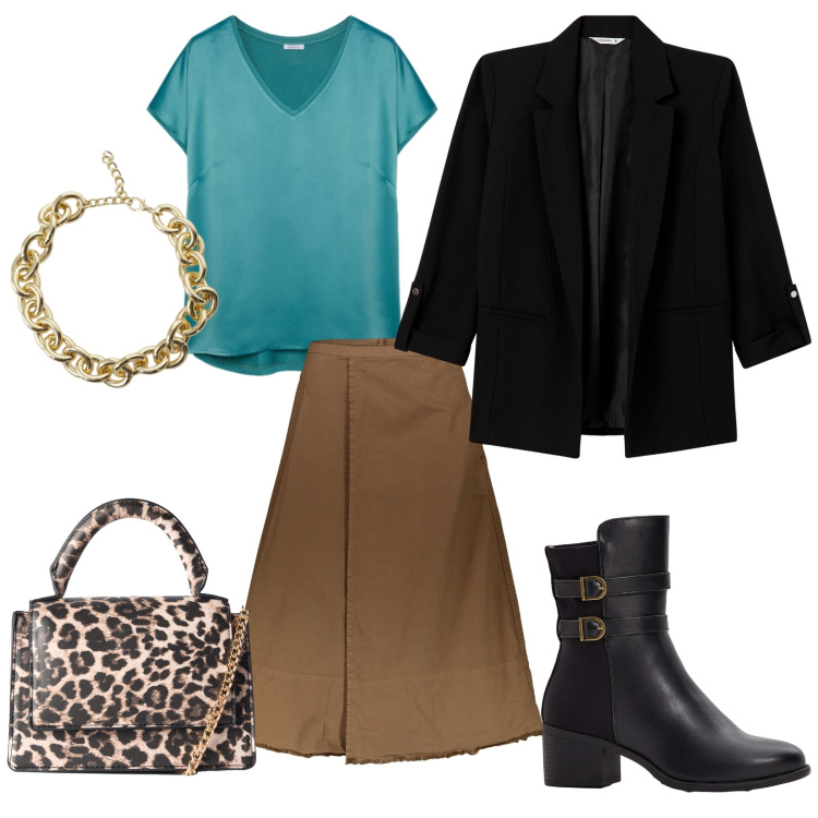 Outfit donna - Total look #2293688. Stile Casual chic per Tutti i giorni. Abbinamento con stivaletti, blazer, borse a tracolla, collane, gonne lunghe, bluse.