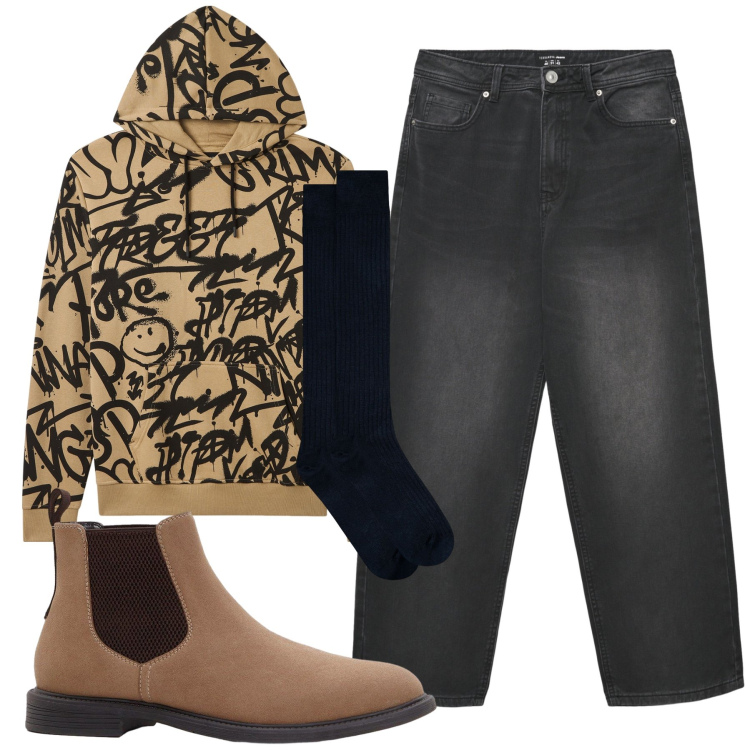 Outfit uomo - Total look #2293689. Stile Urban per Tutti i giorni. Abbinamento con stivali e stivaletti, jeans dritti, felpe con cappuccio, calzini.