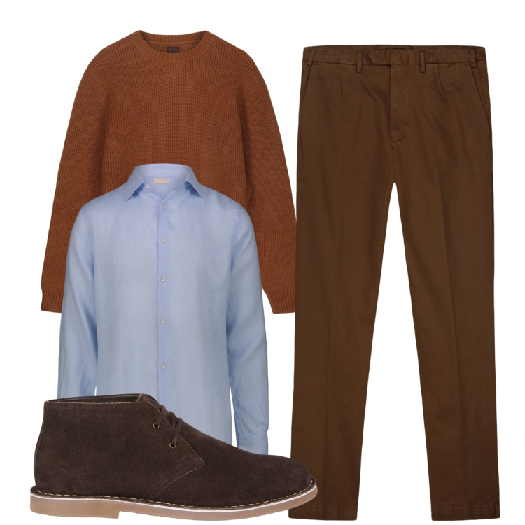 Outfit uomo - Cioccolata calda. Stile Casual per Tutti i giorni. Abbinamento con pantaloni, camicie, stivali e stivaletti, maglieria.
