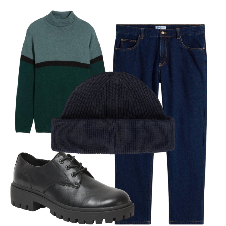 Outfit uomo - Total look #2293691. Stile Casual per Tutti i giorni. Abbinamento con jeans dritti, maglieria, scarpe stringate, berretti.