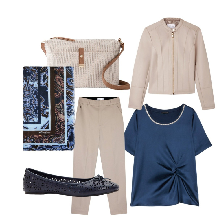 Outfit donna - Pretty girl. Stile Bon Ton per Ufficio. Abbinamento con ballerine, borse a tracolla, giacche, pantaloni chino, bluse, foulard.