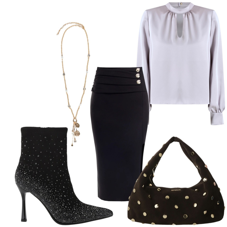 Outfit donna - Total look #2293697. Stile Chic per Serata fuori. Abbinamento con bluse, gonne, borse a spalla, stivaletti, ciondoli.