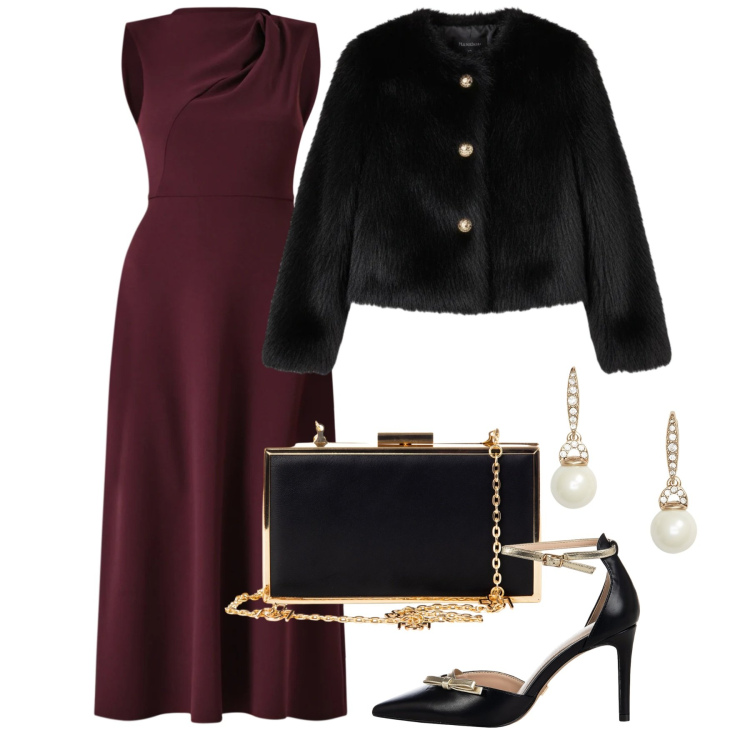 Outfit donna - Rinascimento - Black Friday 2025. Stile Glamour per Cerimonia. Abbinamento con vestiti midi/longuette, pochette, ecopellicce, décolleté, orecchini.