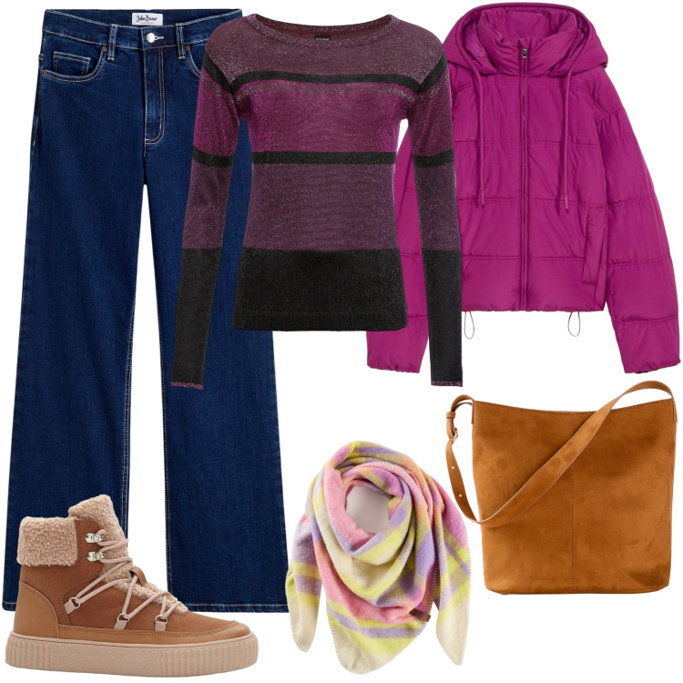 Outfit donna - Giornata in città. Stile Basic per Tutti i giorni. Abbinamento con maglieria, giacche, stivaletti, sciarpe, jeans, borse a mano.