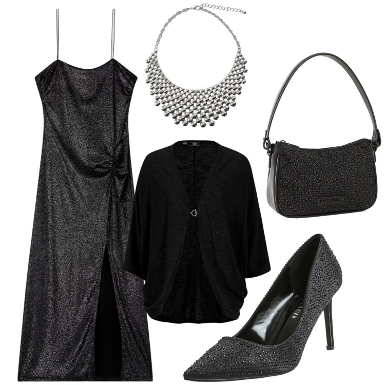 Outfit donna - Sexy black. Stile Sexy per Cerimonia. Abbinamento con cardigans, borse a mano, vestiti lunghi, décolleté, collane.