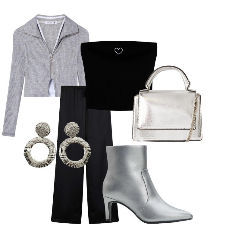 Outfit donna - Argento/nero. Stile Chic per Serata fuori. Abbinamento con stivaletti, pantaloni a palazzo, top, borse a tracolla, felpe, orecchini.