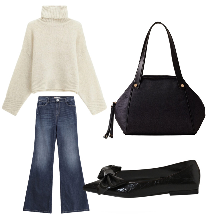 Outfit donna - Aperitivo. Stile Trendy per Tutti i giorni. Abbinamento con jeans a zampa, ballerine, maglieria, shopping bag.