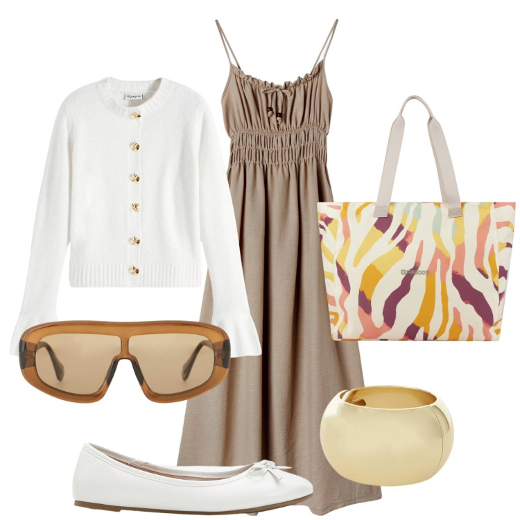 Outfit donna - Look sbarazzino per la primavera. Stile Casual per Tutti i giorni. Abbinamento con ballerine, cardigans, vestiti lunghi, occhiali da sole, braccialetti, shopping bag.
