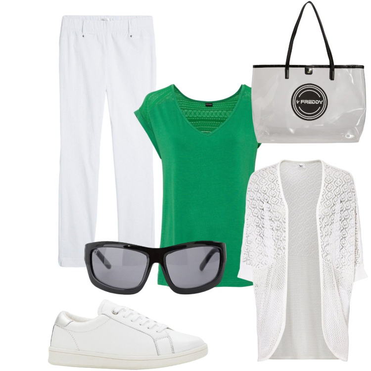 Outfit donna - Sportivo in bianco e verde. Stile Casual per Tutti i giorni. Abbinamento con maglieria, sneakers, cardigans, pantaloni, occhiali da sole, shopping bag.
