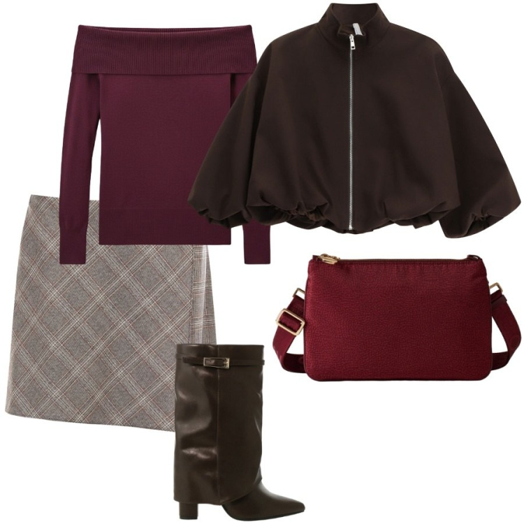 Outfit donna - Serate fuori. Stile Chic per Serata fuori. Abbinamento con maglieria, gonne longuette, bomber, stivali, borse a tracolla.