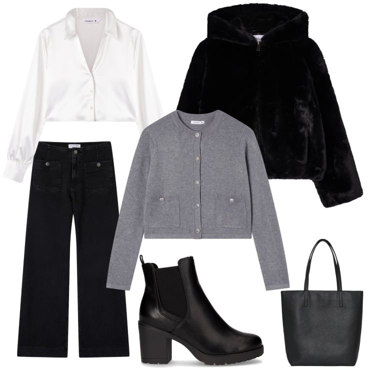Outfit donna - Terranova per tutti i giorni. Stile Casual per Tutti i giorni. Abbinamento con jeans, cardigans, ecopellicce, camicie, borse tote, stivaletti chelsea.