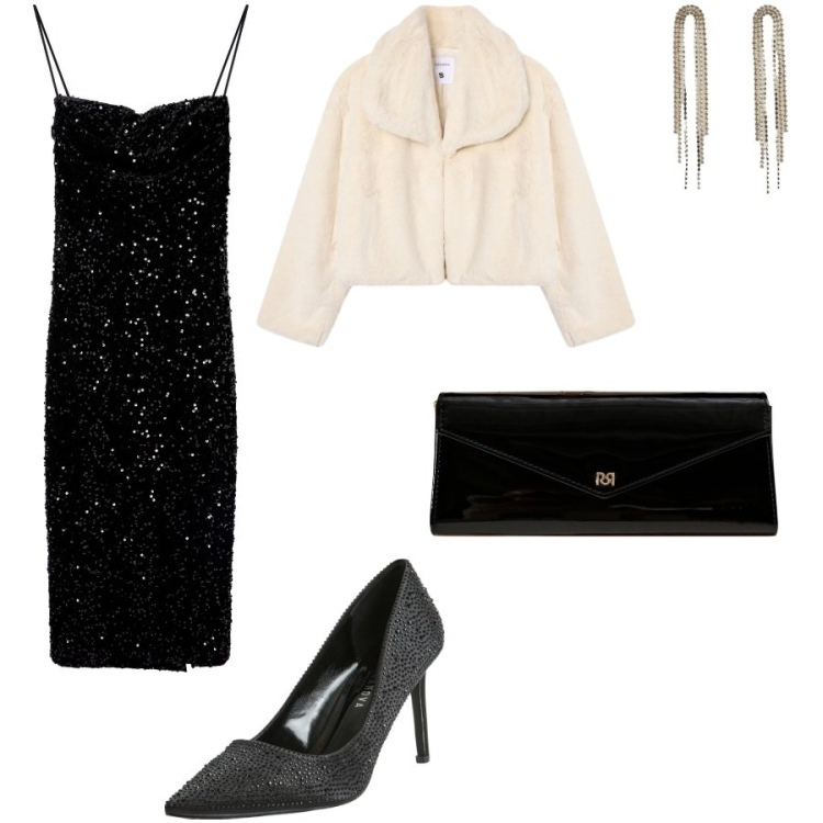 Outfit donna - Christmas dance party. Stile Glamour per Serata fuori. Abbinamento con pochette, vestiti lunghi, décolleté, orecchini, ecopellicce.