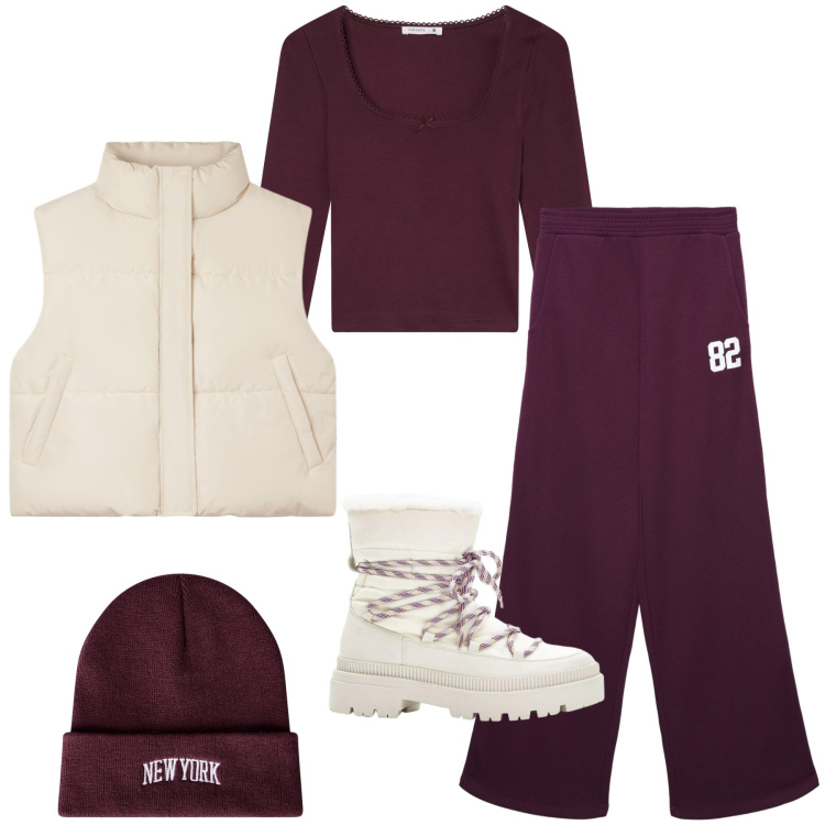 Outfit donna - Novembre. Stile Sporty chic per Sport. Abbinamento con stivali da neve, piumini, t-shirt, pantaloni, berretti.