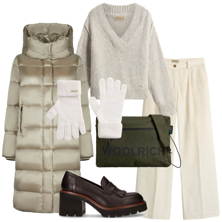 Outfit donna - Casual-chic a novembre. Stile Casual chic per Tutti i giorni. Abbinamento con cappotti, borse a tracolla, pantaloni, maglieria, guanti, décolleté.