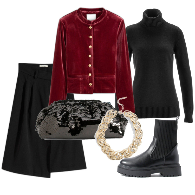 Outfit femme - Novembre. Style Glamour pour Soirée dehors. Assortir avec pulls, jupes au genou, blazers, colliers, pochette, bottes.