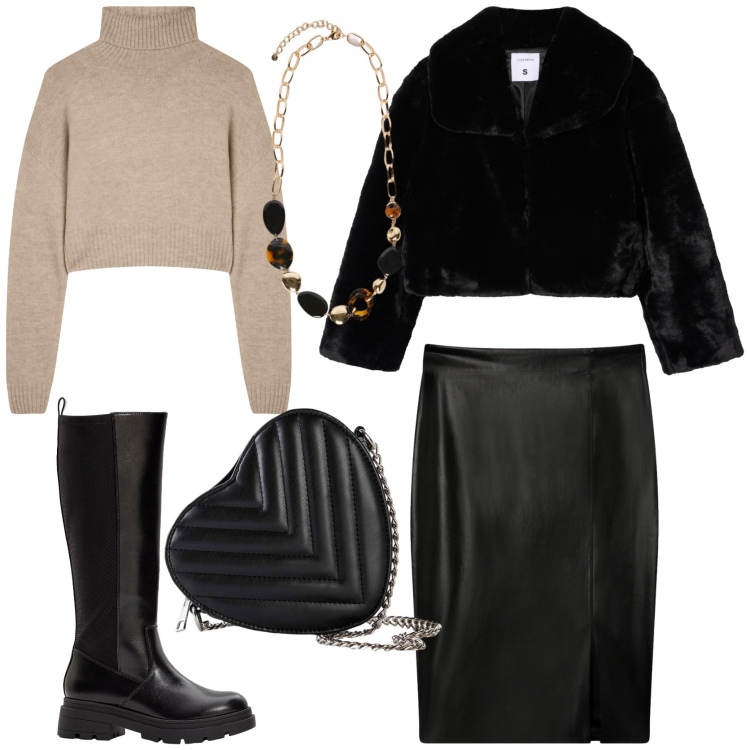 Outfit donna - Holiday. Stile Chic per Serata fuori. Abbinamento con stivali, borse a tracolla, gonne longuette, maglieria, ecopellicce, collane.