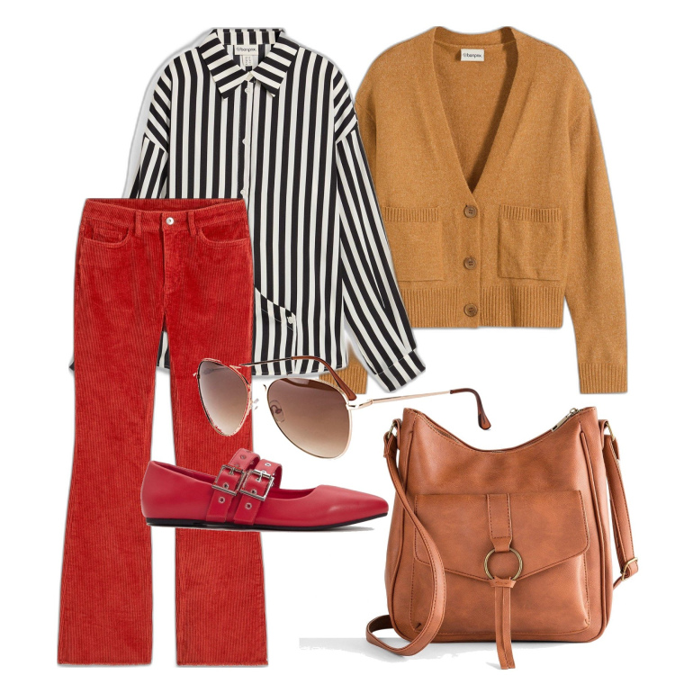 Outfit femme - Novembre. Style Casual pour Tous les jours. Assortir avec sacs en bandoulière, chemisiers, pantalon , pulls, lunettes de soleil, ballerines.