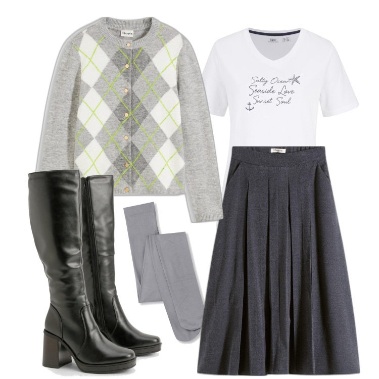 Outfit femme - Novembre. Style Tendance pour Tous les jours. Assortir avec pulls, collants, tuniques, jupes au genou, bottes.