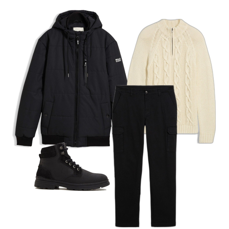 Outfit homme - Novembre. Style Casual pour Tous les jours. Assortir avec vestes, pantalon cargo, bottes, pulls.