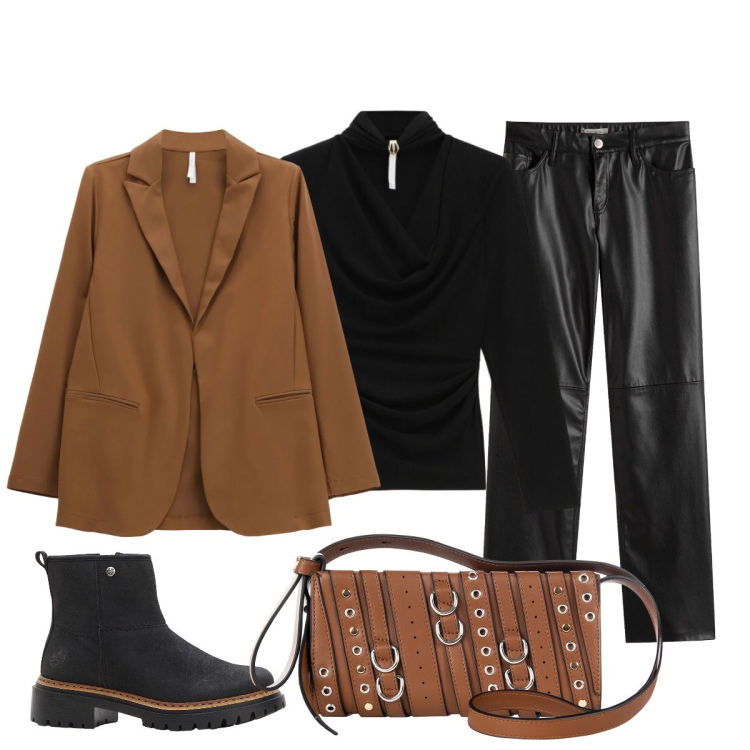 Outfit donna - Trendy con i pantaloni in ecopelle. Stile Minimal per Tutti i giorni. Abbinamento con pantaloni, stivaletti, borse a spalla, blazer, maglieria.