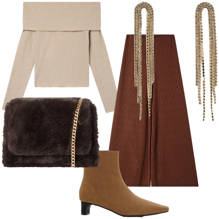 Outfit donna - Stasera happy hour. Stile Glamour per Serata fuori. Abbinamento con stivaletti, pantaloni, orecchini, maglieria, borse a tracolla.