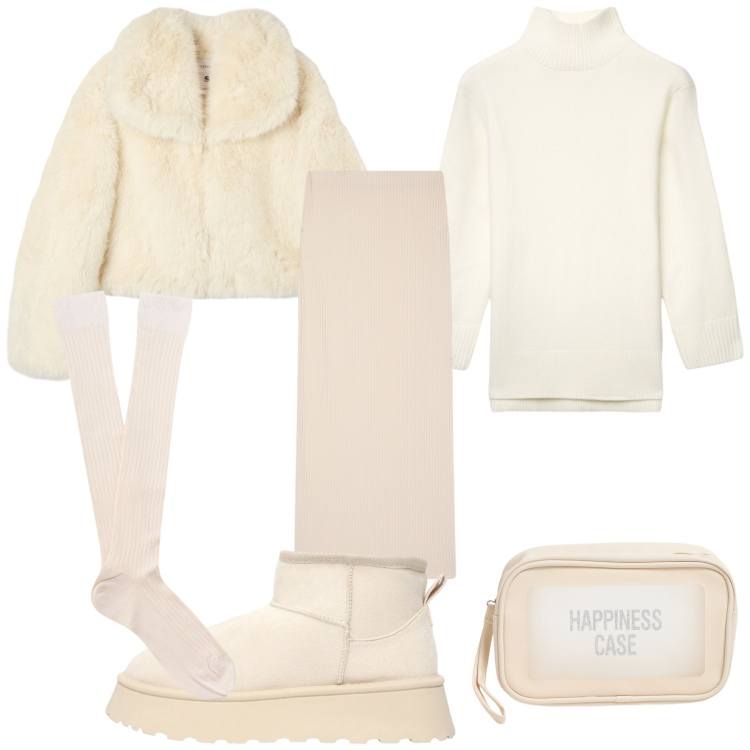 Outfit donna - Happy snow. Stile Trendy per Tutti i giorni. Abbinamento con gonne lunghe, maglieria, ecopellicce, valigie, stivaletti, calzini.