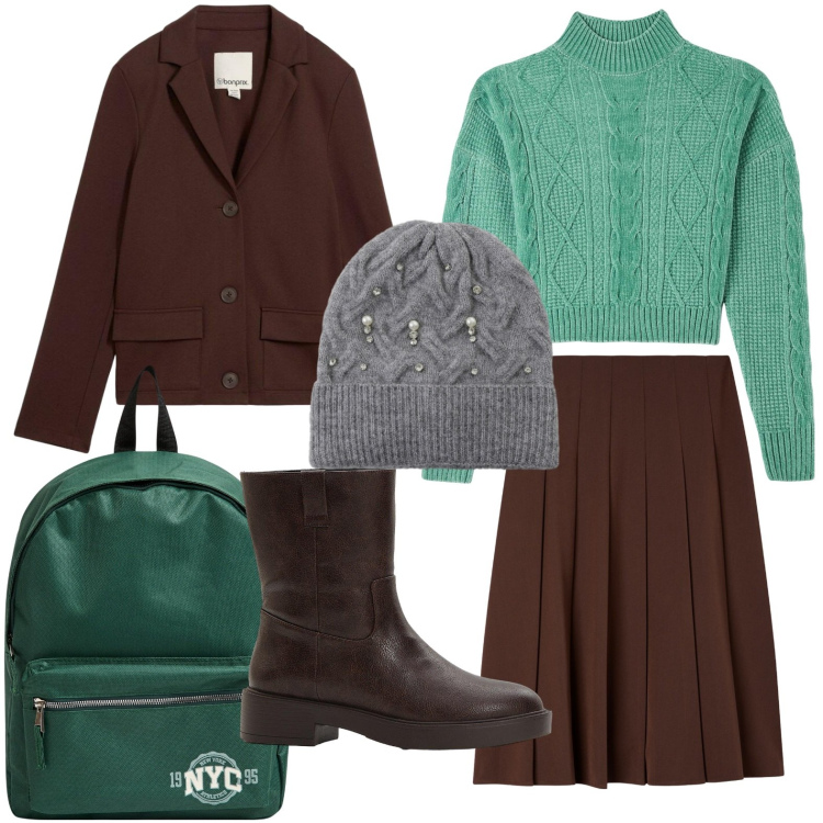 Outfit donna - Touch green. Stile Casual per Scuola/Università. Abbinamento con stivaletti, blazer, maglieria, gonne lunghe, zaini, berretti.