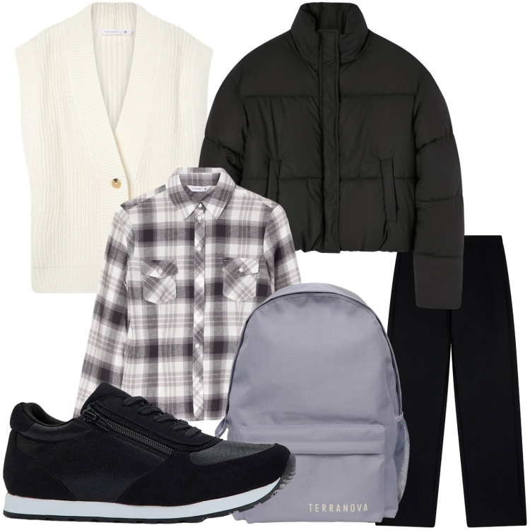 Outfit donna - Gilet e camicia. Stile Glamour per Scuola/Università. Abbinamento con sneakers, camicie, zaini, gilet, pantaloni, bomber.