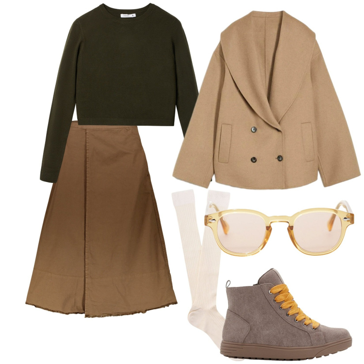 Outfit donna - Il mio stile. Stile Trendy per Tutti i giorni. Abbinamento con blazer, sneakers alte, t-shirt, occhiali da sole, gonne lunghe, calzini.