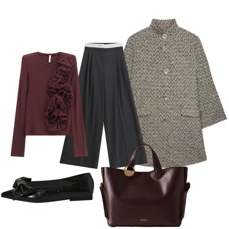 Outfit donna - Vado in ufficio. Stile Chic per Tutti i giorni. Abbinamento con ballerine, t-shirt, pantaloni a palazzo, shopping bag, cappotti.