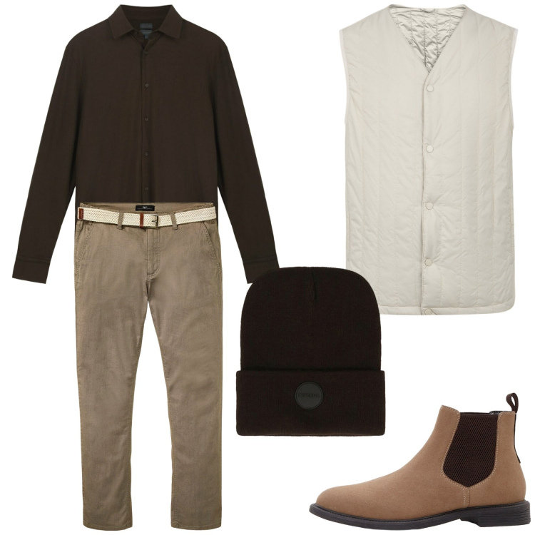 Outfit uomo - Total look #2294540. Stile Trendy per Tutti i giorni. Abbinamento con pantaloni chino, stivali e stivaletti, berretti, piumini, polo.