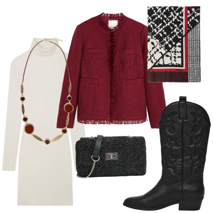 Outfit donna - Il foulard 4 stagioni. Stile Minimal per Ufficio. Abbinamento con cappotti, vestiti corti, stivaletti texani, borse a tracolla, collane, sciarpe.