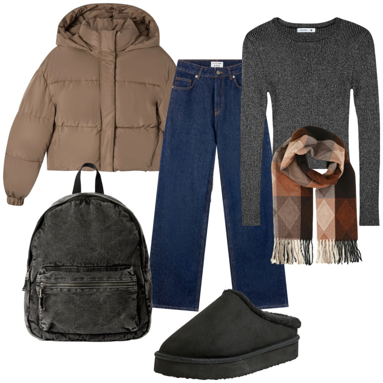 Outfit donna - In città. Stile Urban per Tutti i giorni. Abbinamento con sciarpe, jeans, sabot, bomber, maglieria, zaini.