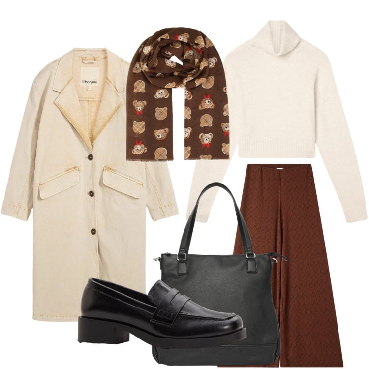 Outfit donna - L\'accessorio funzionale. Stile Glamour per Tutti i giorni. Abbinamento con mocassini, trench, foulard, pantaloni, maglieria, shopping bag.