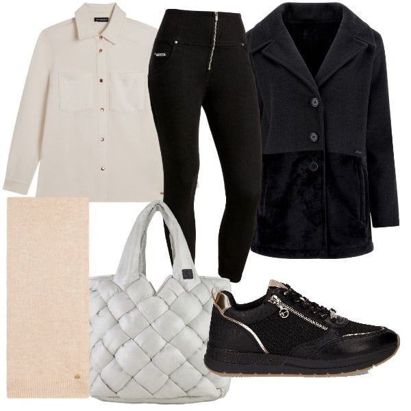 Outfit donna - Casual-chic a novembre. Stile Casual chic per Tutti i giorni. Abbinamento con pantaloni skinny, cappotti, sciarpe, camicie, borse tote, sneakers.