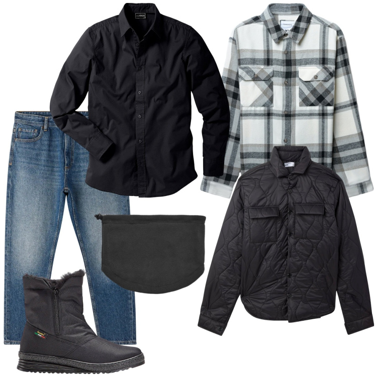 Outfit uomo - Strati. Stile Casual per Tutti i giorni. Abbinamento con camicie, stivali e stivaletti, jeans, cappotti, giacche, scaldacollo.