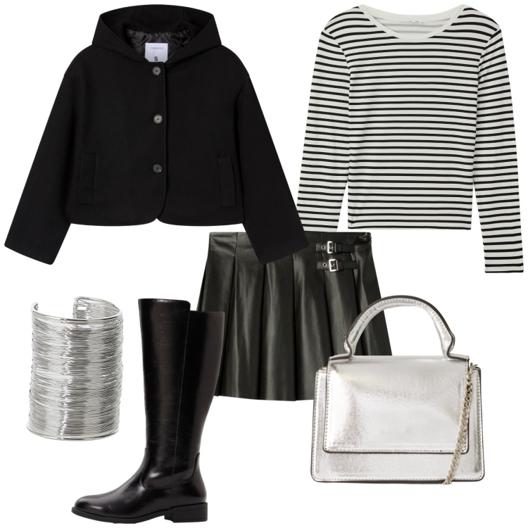 Outfit donna - Serata fuori casa. Stile Trendy per Serata fuori. Abbinamento con stivali, maglieria, borse a tracolla, minigonne, caban, braccialetti.