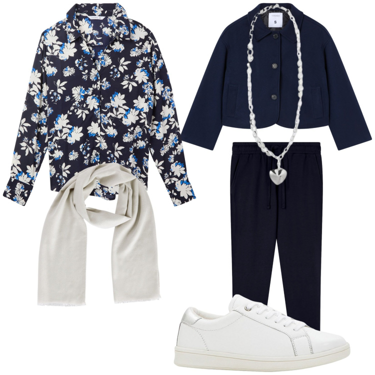 Outfit donna - Camicia e foulard per l\'ufficio. Stile Casual chic per Ufficio. Abbinamento con sneakers, camicie, foulard, blazer, pantaloni, collane.